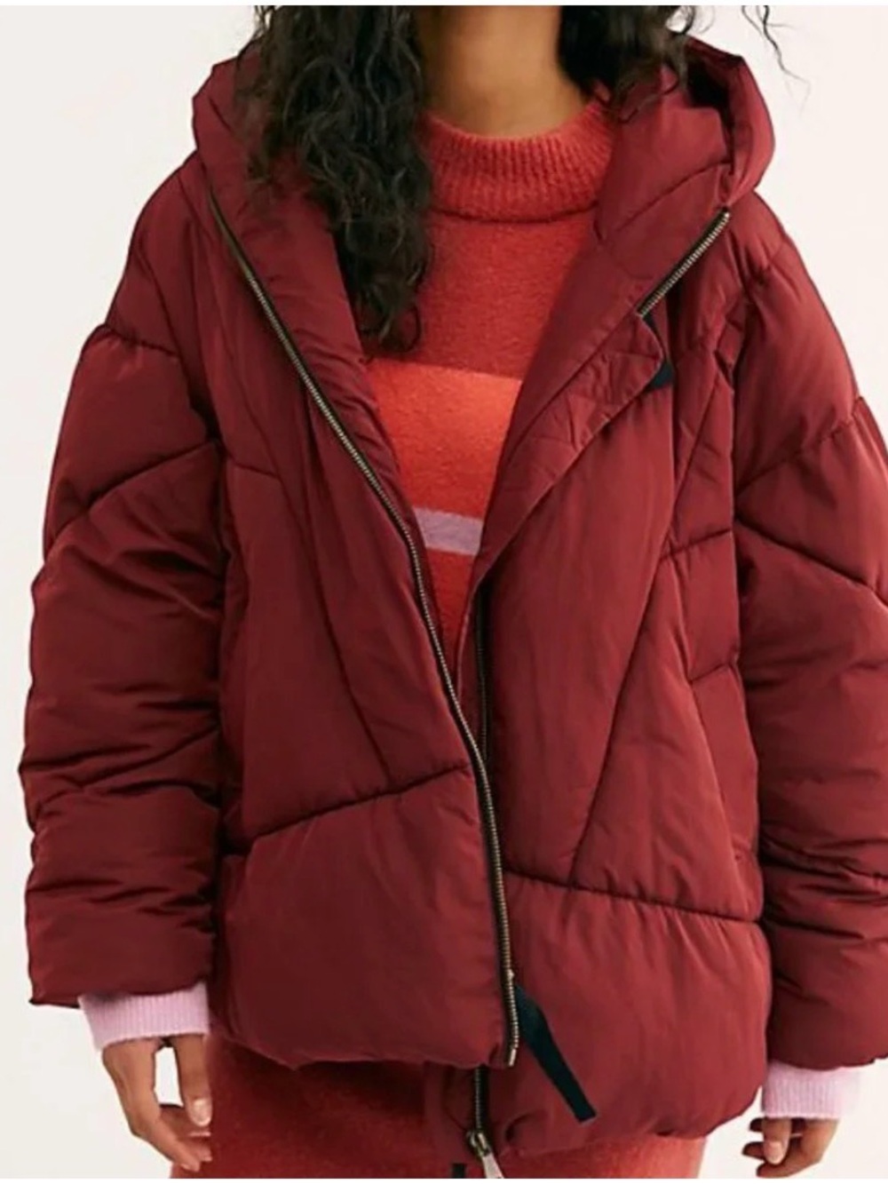 Free People Oversized Hailey Puffer Jacket Wine Red Sz M Winter Coat Drawstrings